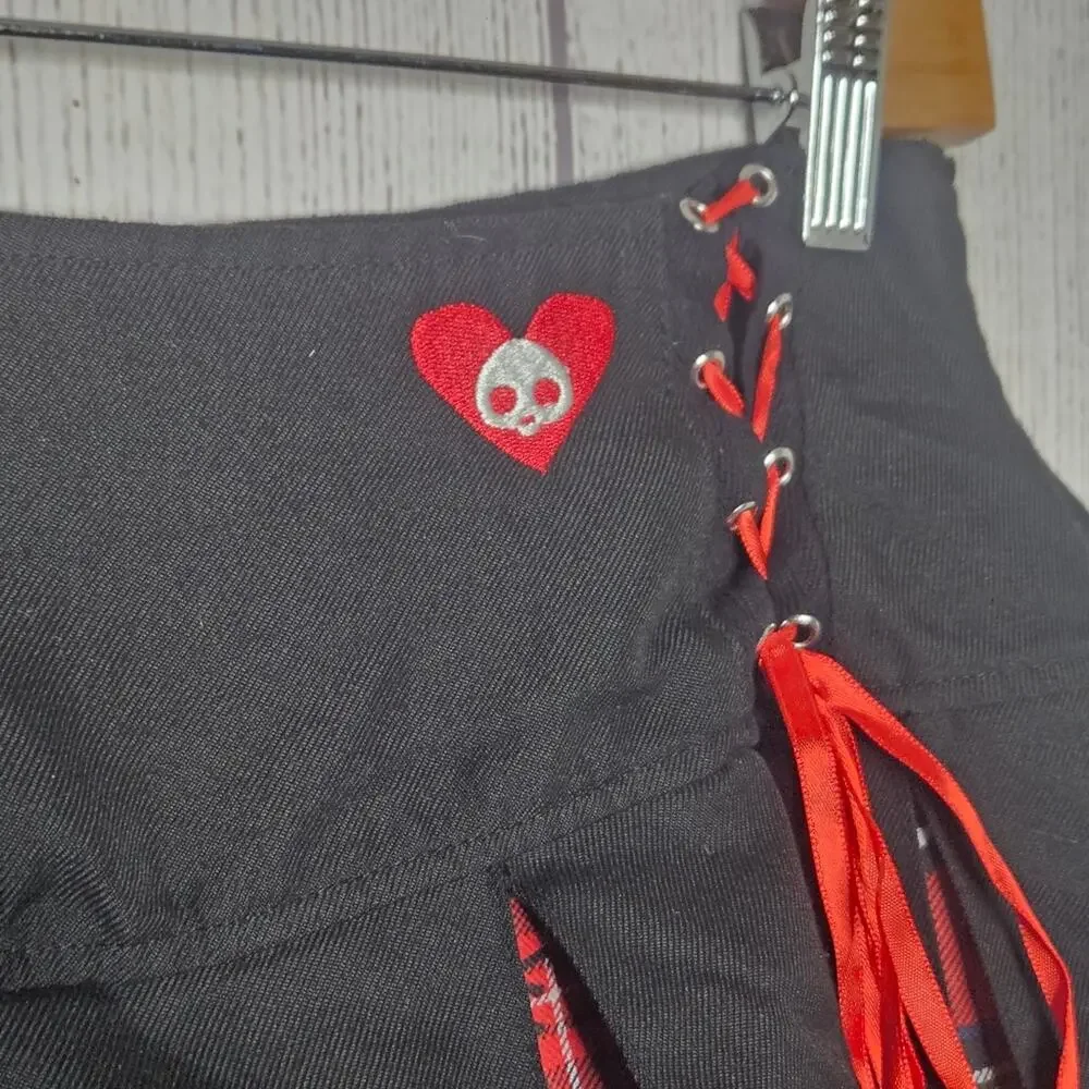 Skelanimals Black/Red Plaid Contrast Pleated Skirt with Pockets, sz Small